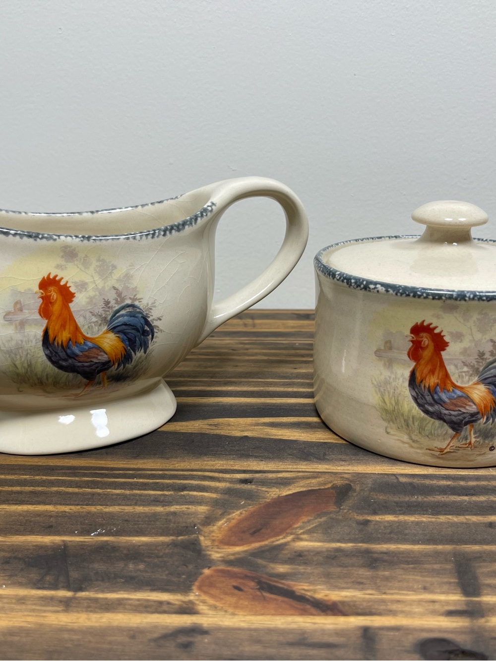 Cream Rooster Stoneware Gravy Boat & Butter Box - Farmhouse Style